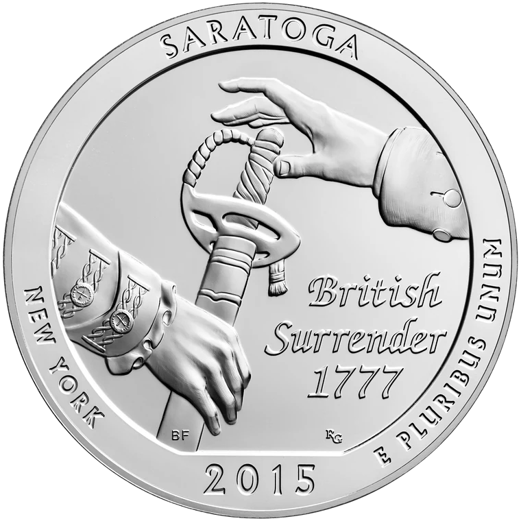 2015 Saratoga National Historical Park · exact standard five-ounce bullion reverse