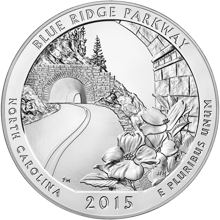 2015 Blue Ridge Parkway · exact standard five-ounce bullion reverse