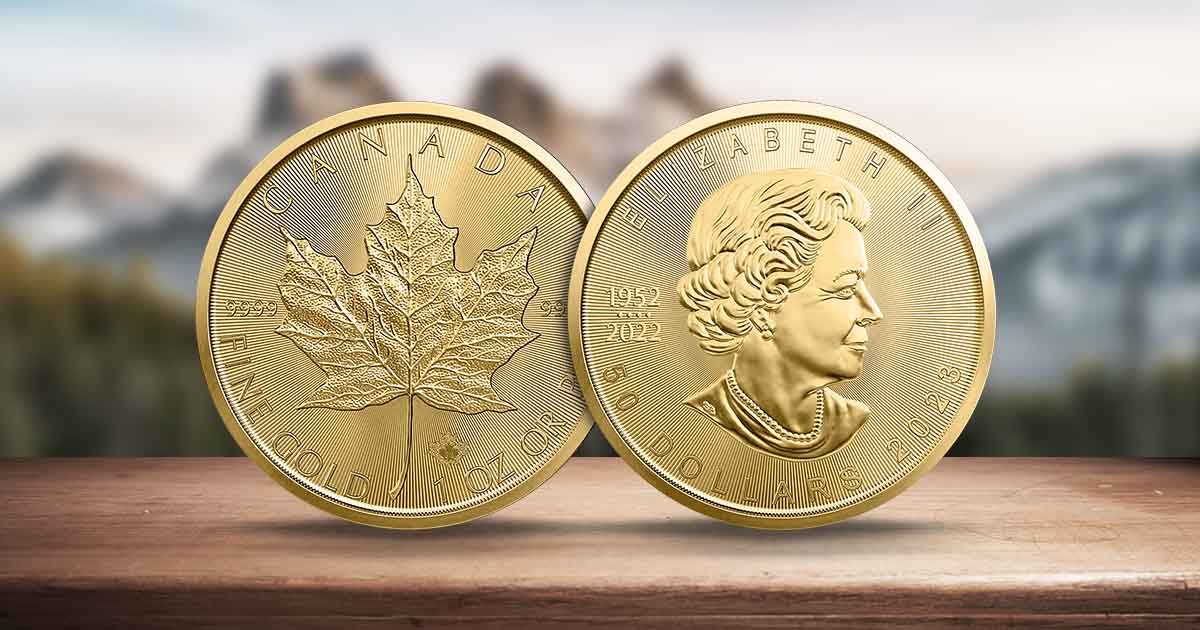 Canadian mountain landscape with Maple Leaf bullion photographed for APMEX