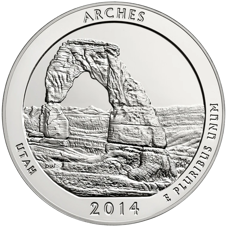 2014 Arches National Park · exact standard five-ounce bullion reverse