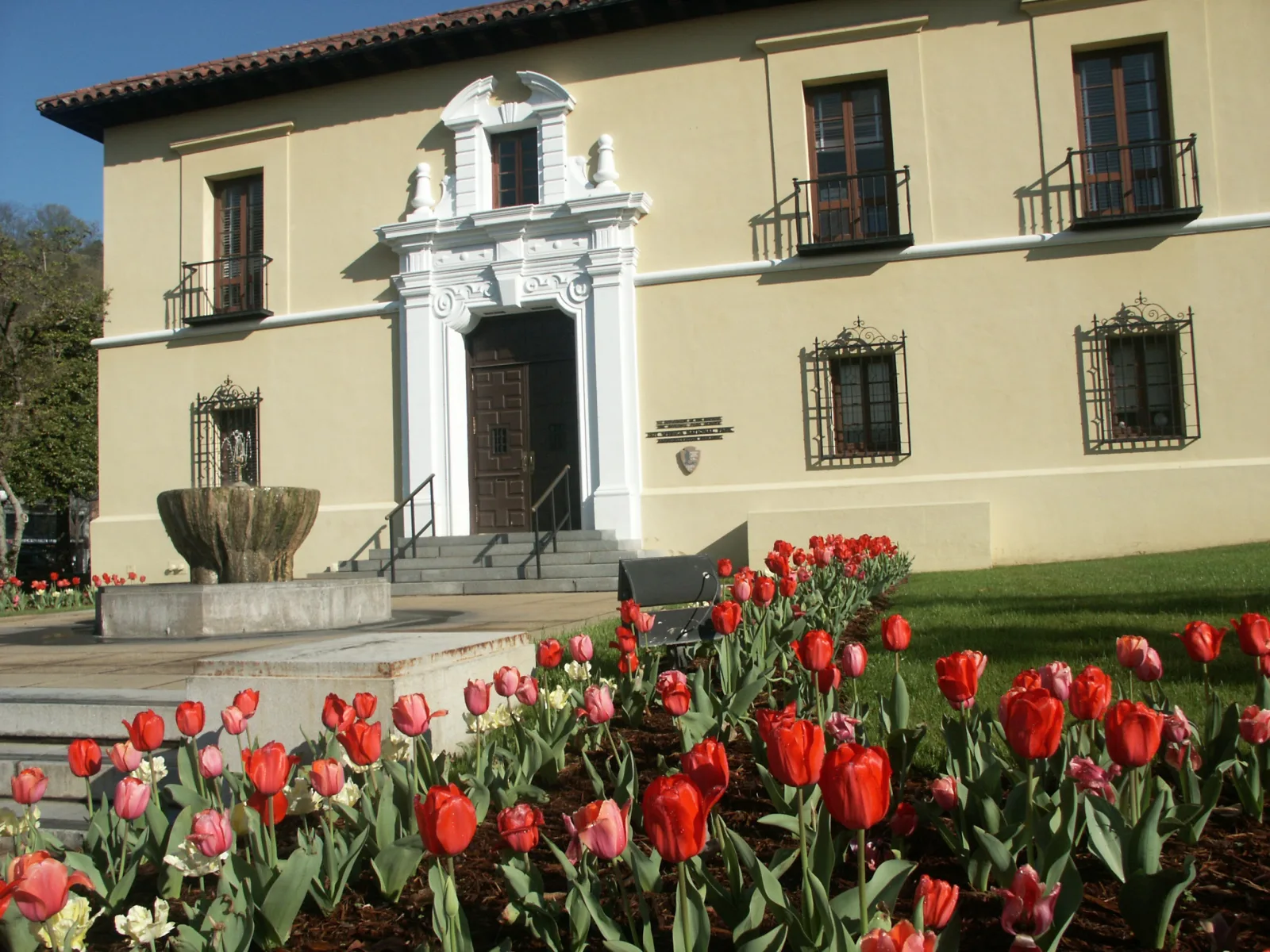 Headquarters facade, fountain and tulip beds at Hot Springs.