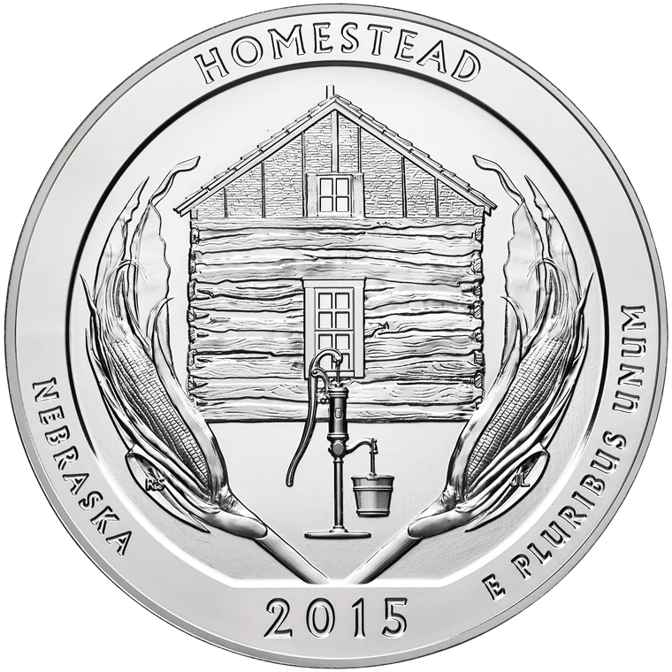 2015 Homestead National Monument of America · exact standard five-ounce bullion reverse