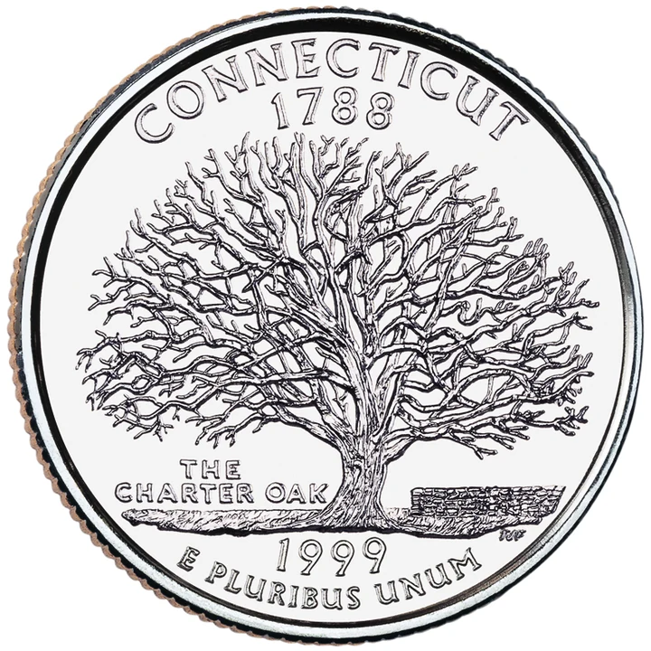 1999 Connecticut 50 State Quarter reverse showing Charter Oak