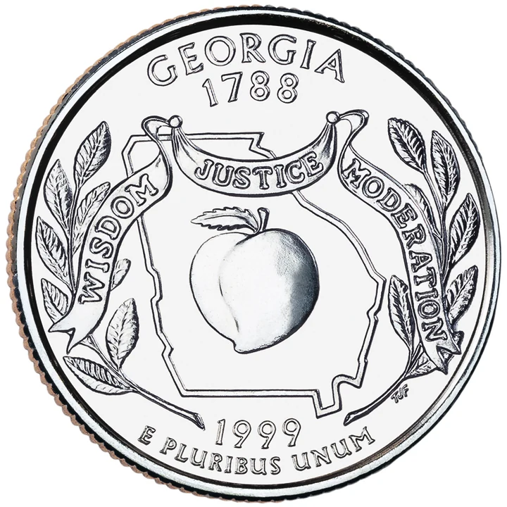 1999 Georgia 50 State Quarter reverse showing Peach, live-oak sprigs, and state outline