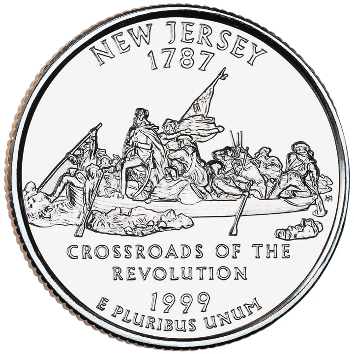 1999 New Jersey 50 State Quarter reverse showing Washington Crossing the Delaware