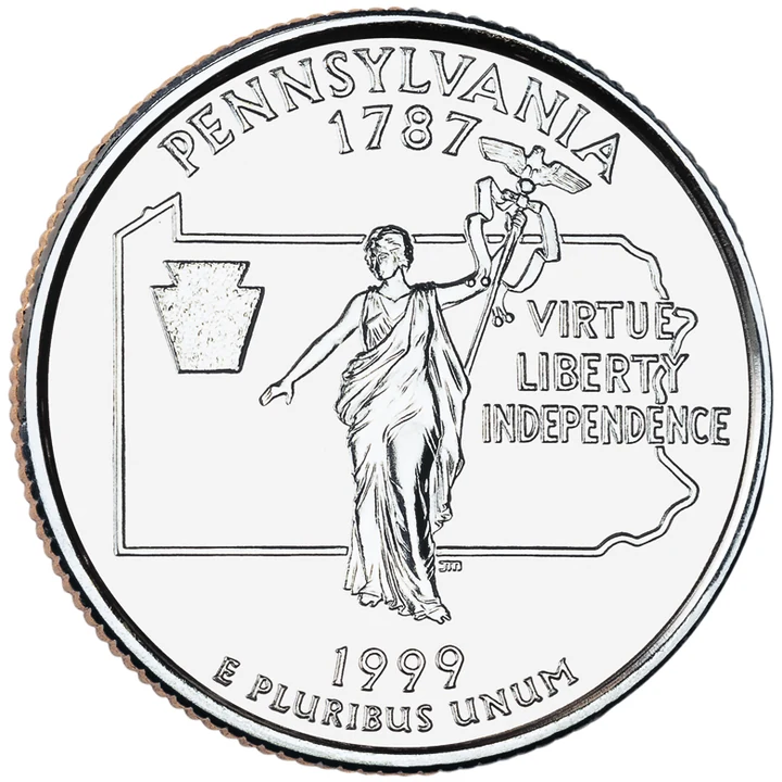 1999 Pennsylvania 50 State Quarter reverse showing Commonwealth statue, state outline, and keystone