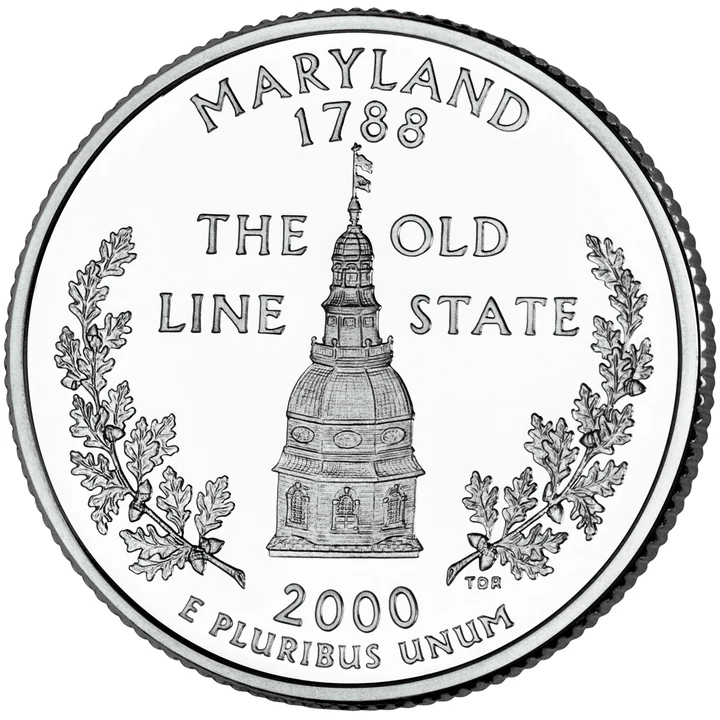 2000 Maryland 50 State Quarter reverse showing Maryland State House dome