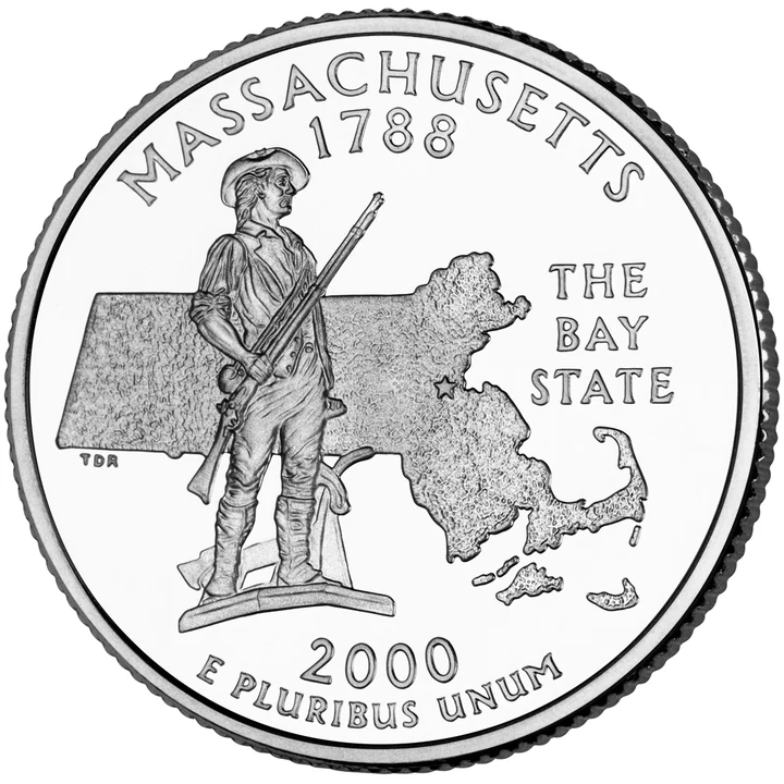 2000 Massachusetts 50 State Quarter reverse showing Minuteman and state outline