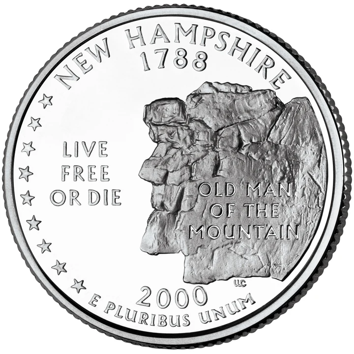 2000 New Hampshire 50 State Quarter reverse showing Old Man of the Mountain and nine stars