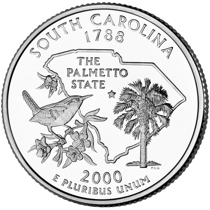2000 South Carolina 50 State Quarter reverse showing Carolina wren, palmetto, and yellow jessamine