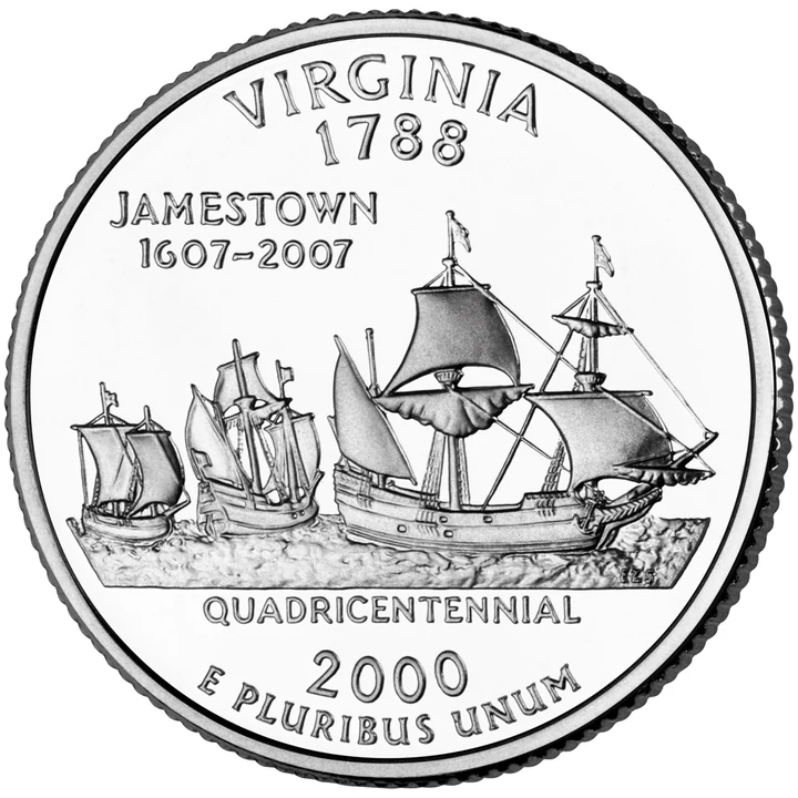 2000 Virginia 50 State Quarter reverse showing Jamestown ships Susan Constant, Godspeed, and Discovery