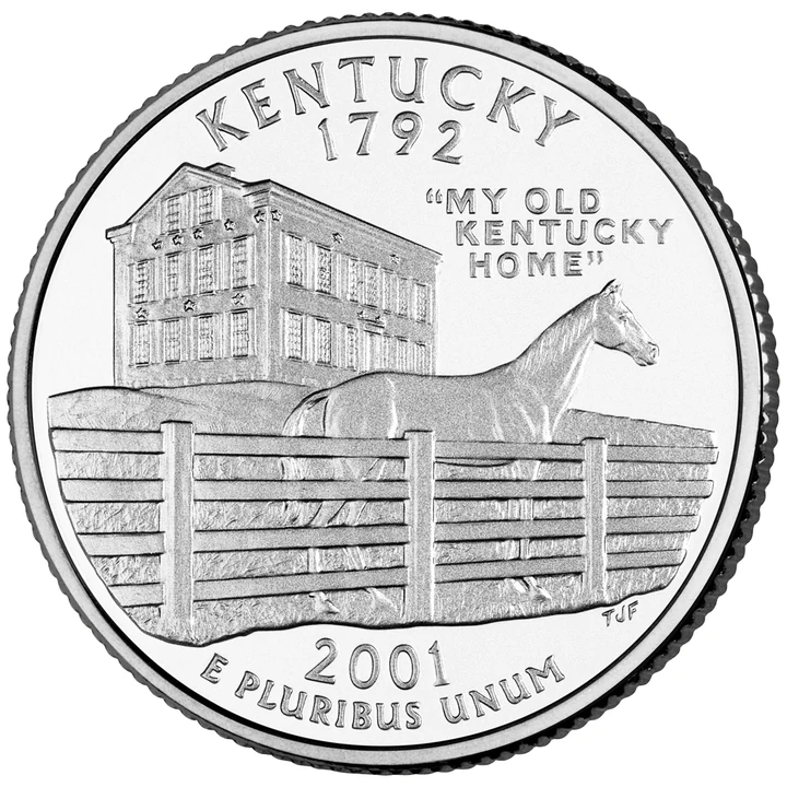 2001 Kentucky 50 State Quarter reverse showing Thoroughbred and Federal Hill mansion
