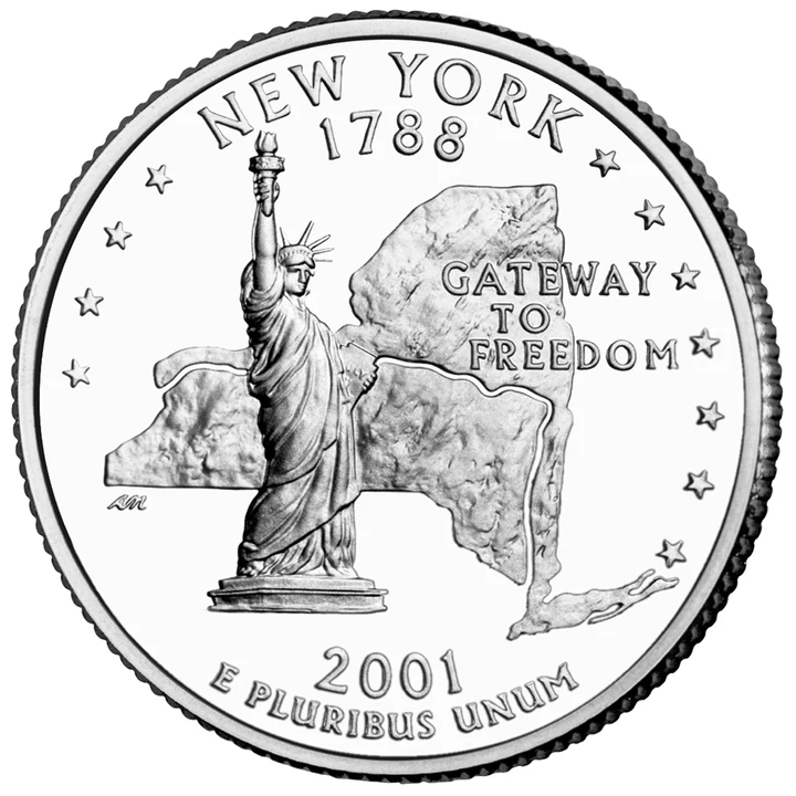 2001 New York 50 State Quarter reverse showing Statue of Liberty, state outline, and Hudson River route