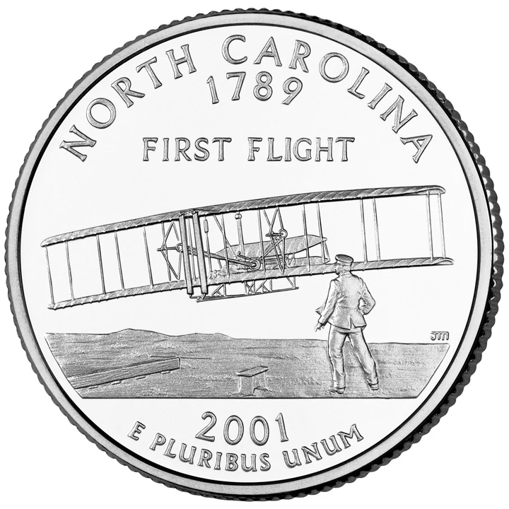 2001 North Carolina 50 State Quarter reverse showing Wright brothers’ first flight
