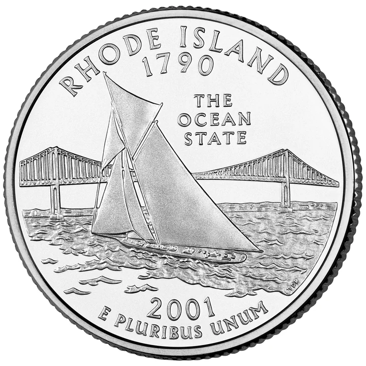 2001 Rhode Island 50 State Quarter reverse showing Sailboat and Pell Bridge