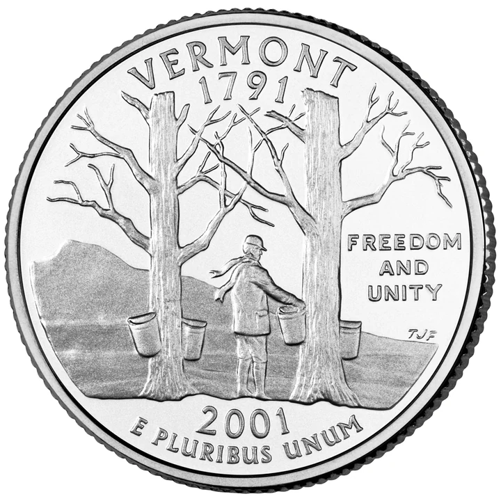 2001 Vermont 50 State Quarter reverse showing Camel’s Hump and maple-sap gathering