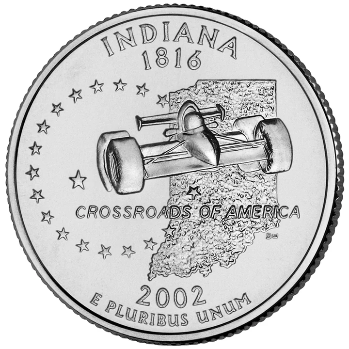 2002 Indiana 50 State Quarter reverse showing Race car, state outline, and nineteen stars