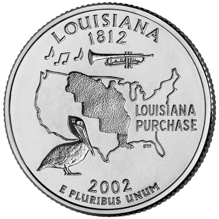2002 Louisiana 50 State Quarter reverse showing Pelican, trumpet, and Louisiana Purchase map