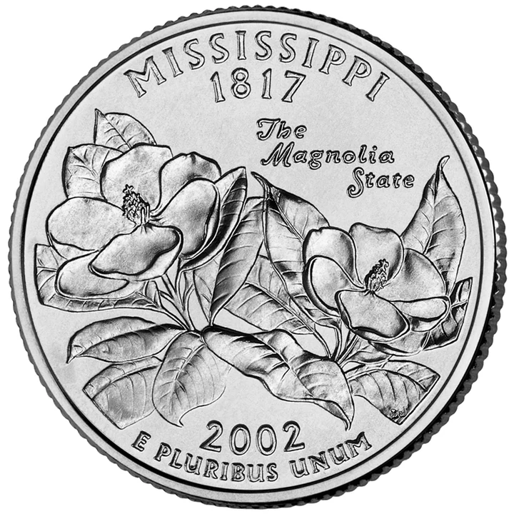 2002 Mississippi 50 State Quarter reverse showing Magnolia blossoms
