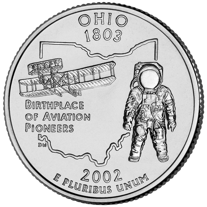 2002 Ohio 50 State Quarter reverse showing Wright Flyer, astronaut, and state outline
