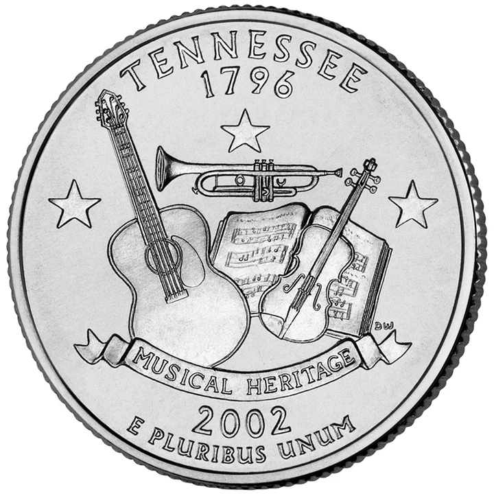 2002 Tennessee 50 State Quarter reverse showing Fiddle, trumpet, guitar, and musical score