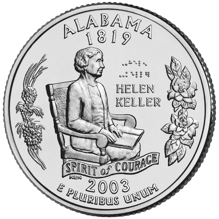 2003 Alabama 50 State Quarter reverse showing Helen Keller, magnolia, and longleaf pine
