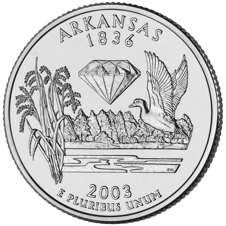 2003 Arkansas 50 State Quarter reverse showing Diamond, rice stalks, and mallard