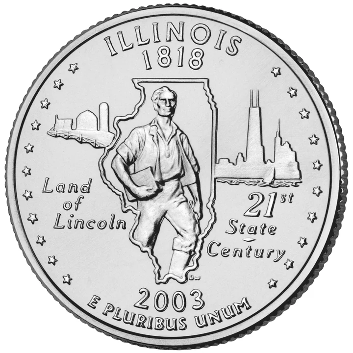 2003 Illinois 50 State Quarter reverse showing Young Lincoln, state outline, farm, and Chicago skyline