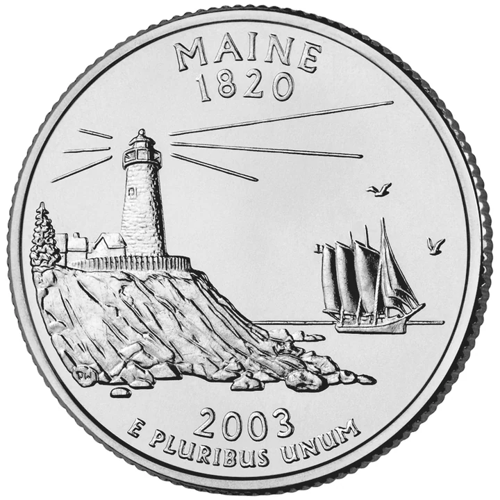 2003 Maine 50 State Quarter reverse showing Pemaquid Point Light and schooner