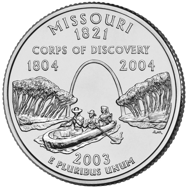 2003 Missouri 50 State Quarter reverse showing Lewis and Clark returning beneath the Gateway Arch