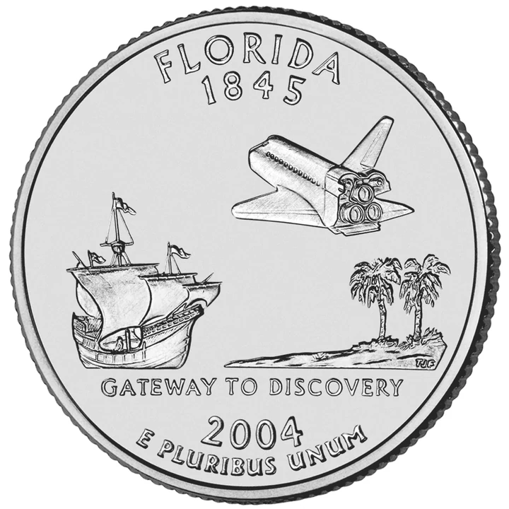 2004 Florida 50 State Quarter reverse showing Space Shuttle, Spanish galleon, and sabal palms