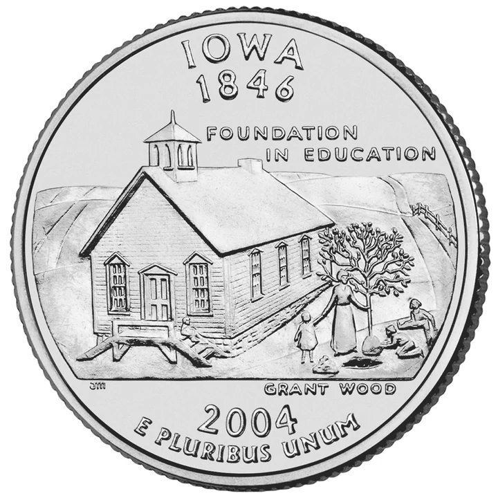 2004 Iowa 50 State Quarter reverse showing Schoolhouse scene after Grant Wood