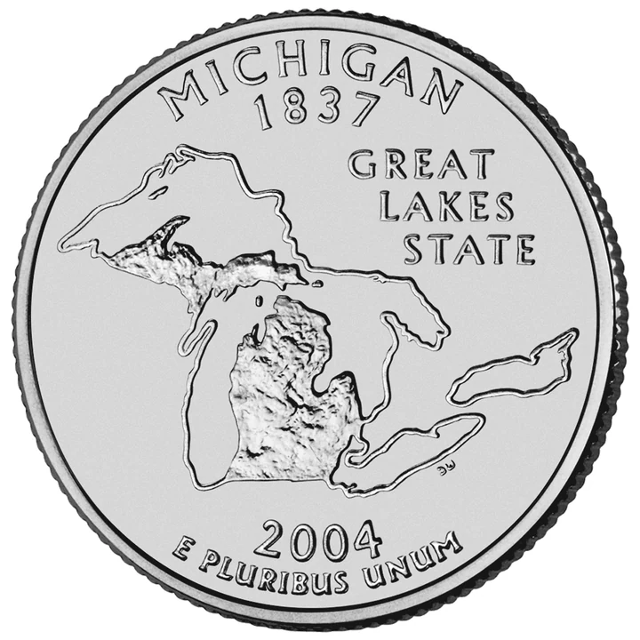 2004 Michigan 50 State Quarter reverse showing State outline and Great Lakes