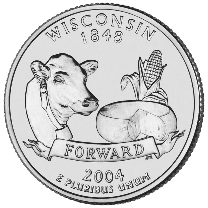 2004 Wisconsin 50 State Quarter reverse showing Cow, cheese wheel, and ear of corn