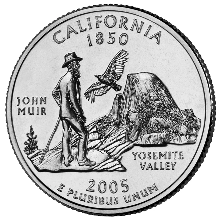 2005 California 50 State Quarter reverse showing John Muir, Yosemite Valley, and California condor