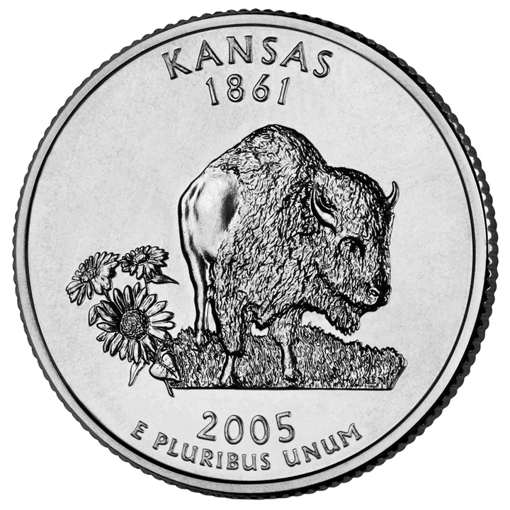 2005 Kansas 50 State Quarter reverse showing American bison and sunflower