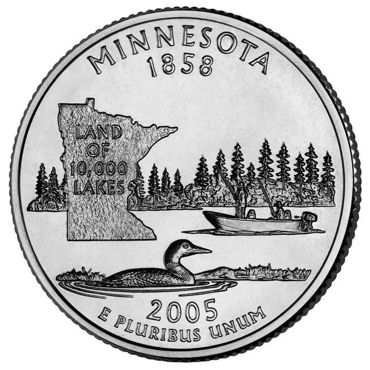 2005 Minnesota 50 State Quarter reverse showing Lake scene, loon, anglers, and state outline
