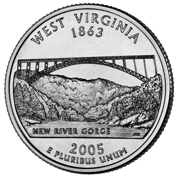 2005 West Virginia 50 State Quarter reverse showing New River Gorge Bridge