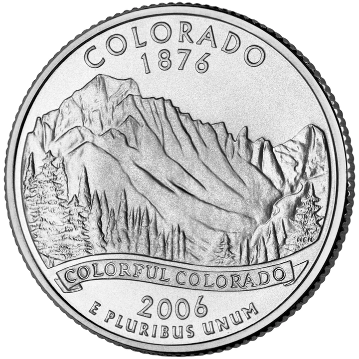 2006 Colorado 50 State Quarter reverse showing Rocky Mountains and evergreen trees