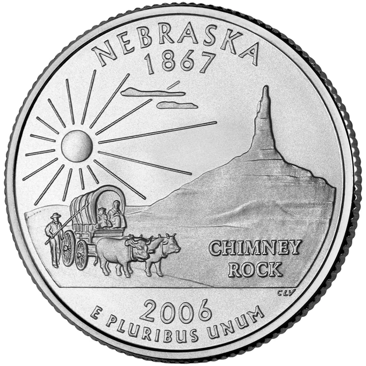 2006 Nebraska 50 State Quarter reverse showing Chimney Rock and covered wagon