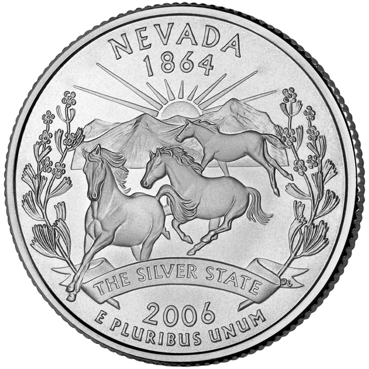 2006 Nevada 50 State Quarter reverse showing Wild mustangs, mountains, and sagebrush