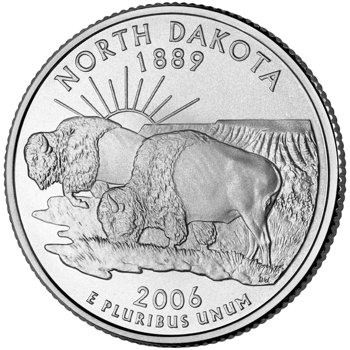 2006 North Dakota 50 State Quarter reverse showing American bison and badlands