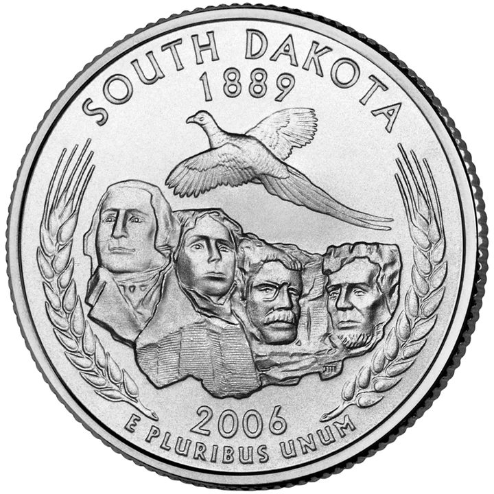 2006 South Dakota 50 State Quarter reverse showing Mount Rushmore, ring-necked pheasant, and wheat