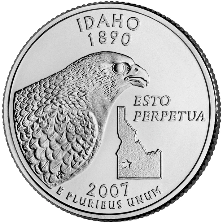 2007 Idaho 50 State Quarter reverse showing Peregrine falcon, Idaho state outline, and Esto Perpetua