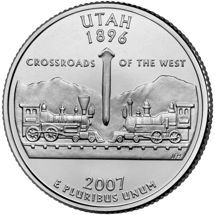 2007 Utah 50 State Quarter reverse showing Golden Spike ceremony and two locomotives