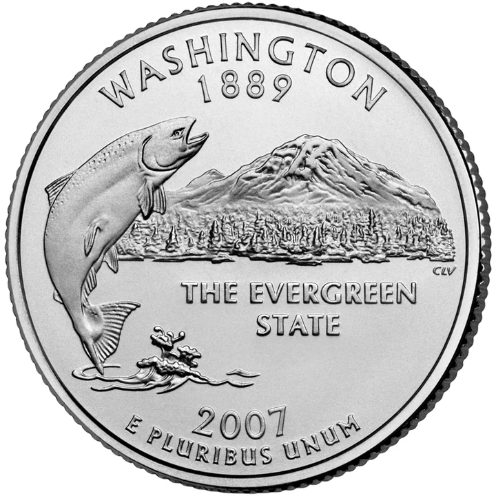 2007 Washington 50 State Quarter reverse showing King salmon, Mount Rainier, and evergreen landscape