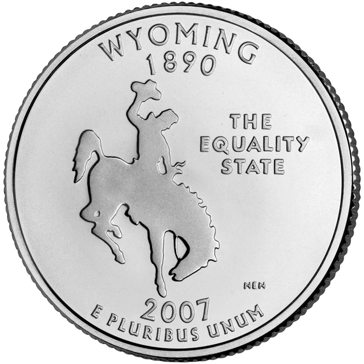 2007 Wyoming 50 State Quarter reverse showing Bucking horse and rider silhouette