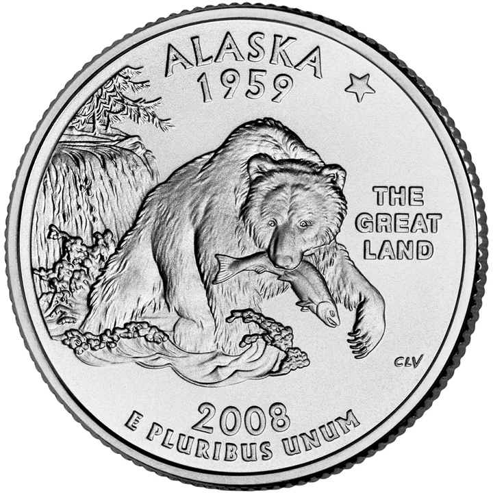 2008 Alaska 50 State Quarter reverse showing Grizzly bear with salmon and North Star