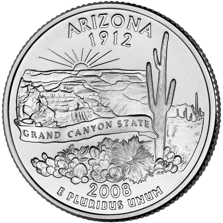 2008 Arizona 50 State Quarter reverse showing Grand Canyon, saguaro cactus, and banner