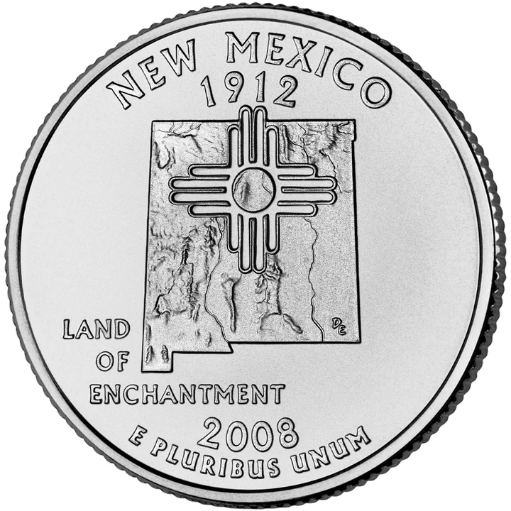 2008 New Mexico 50 State Quarter reverse showing Zia sun symbol over state outline